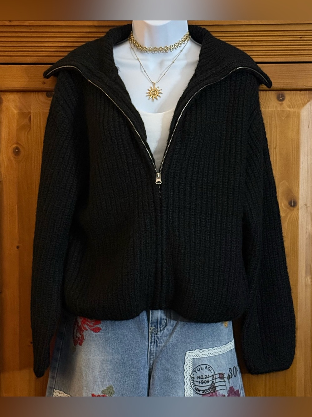 Zenana Black Zip-Front Ribbed Knit Sweater